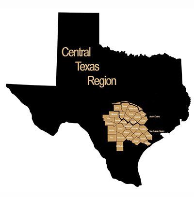 Black map of Texas labeled “Central Texas Region” with a highlighted central area inset