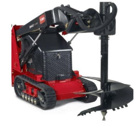 Red Toro Dingo mini skid steer with auger attachment. Black auger and bucket on tracks.