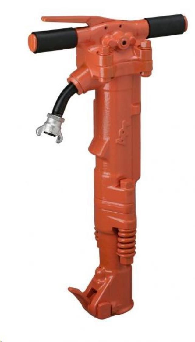Orange pneumatic jackhammer with black handles and hose.