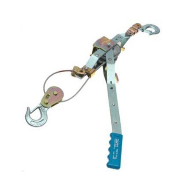 Cable puller tool with hooks and a blue handle.