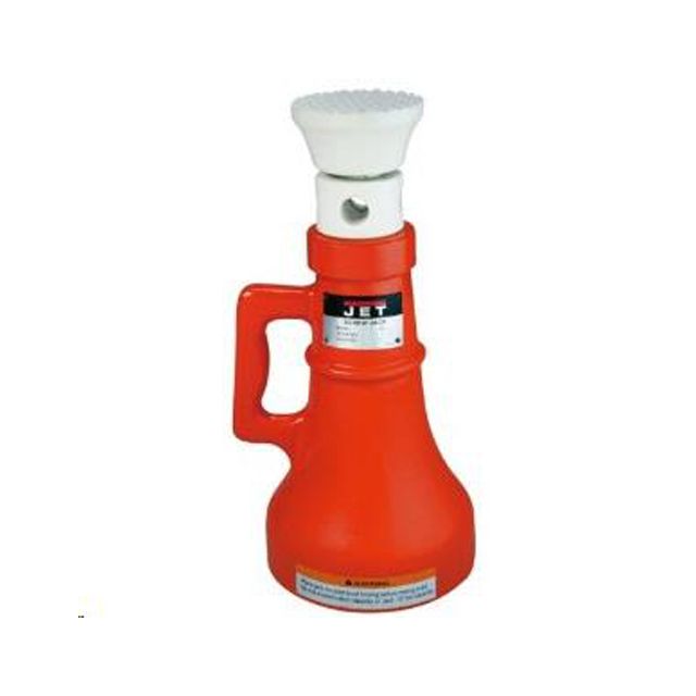 Red and white JET hydraulic bottle jack with handle and lifting head.