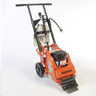 Orange floor scraper with black handle and wheels, preparing for floor stripping.