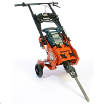 Orange and black jackhammer on wheels, used for concrete demolition.