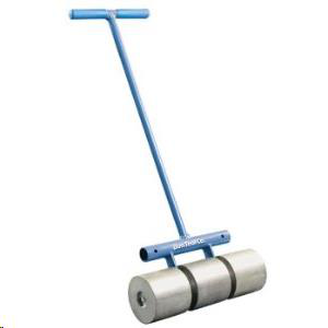 Blue lawn roller with three cylindrical drums and a long handle.