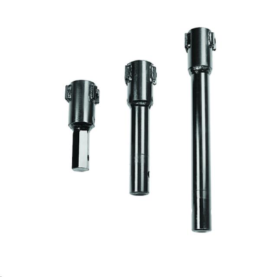 Three cylindrical metal socket extensions of varying lengths on a white background.