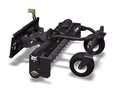 Black Bobcat landscape rake attachment. Has spiked blades, hydraulic hoses, and wheels.