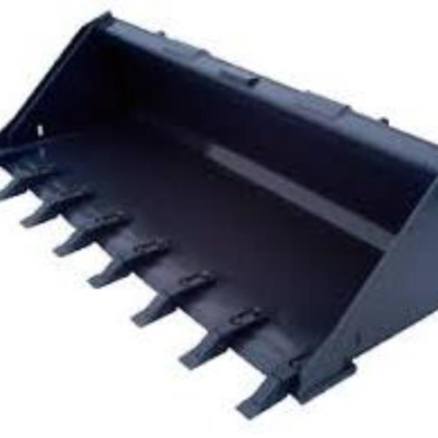Black front-end loader bucket with teeth, likely for a tractor or skid steer, for digging or moving material.