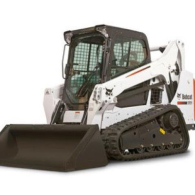 White Bobcat compact track loader with bucket, tracks, and cab on a white background.