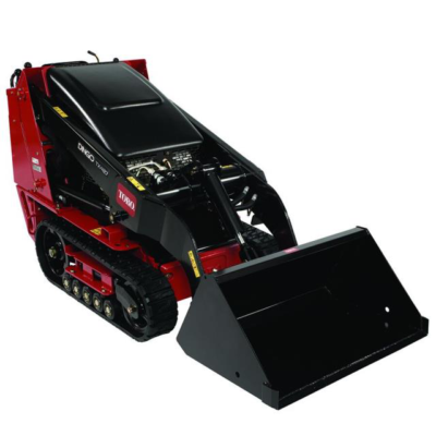 Red and black Toro compact track loader with a bucket attachment, on a white background.