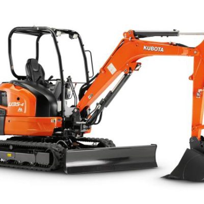Orange Kubota U35-4 mini excavator with black tracks, blade, and cab on a white background.
