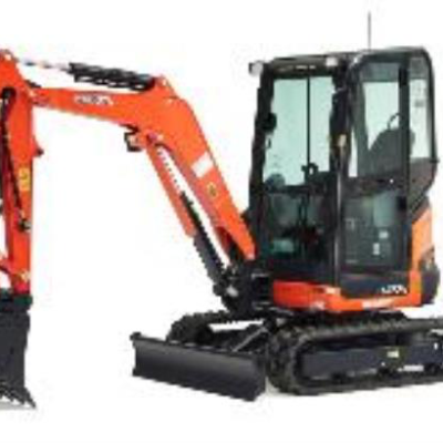 Orange and black compact excavator with tracks, a cab, and an extended arm.