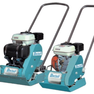 Two turquoise Bartell plate compactors with black engines and silver handles.