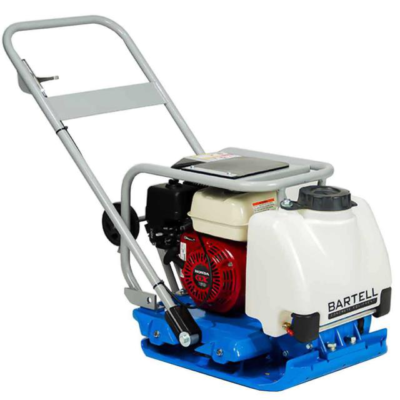 Bartell plate compactor, blue base, red engine, white gas tank, gray handle.