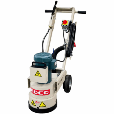 A tan and blue concrete floor grinder on wheels with a black handle.