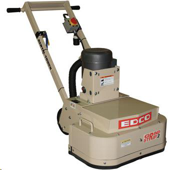 Tan EDCO Grind'N Strip 2 concrete floor grinder with handles, wheels, and a black hose against a white backdrop.