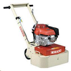 A red and silver concrete grinder with a beige frame and handle.