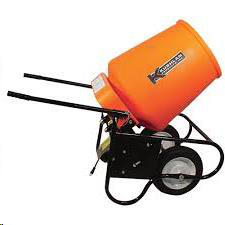 Orange cement mixer on black frame with two wheels and pull handles.