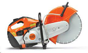 Orange and white Stihl TS 420 concrete cutter with a silver blade, handle, and safety guard.