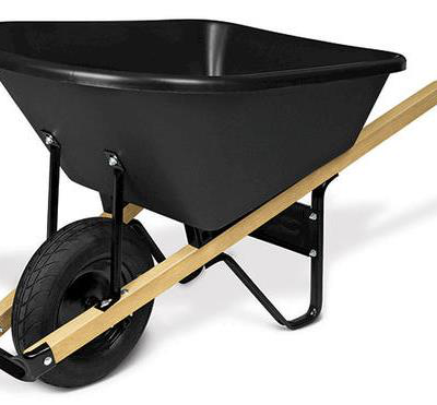 Black wheelbarrow with a black tub and wooden handles.