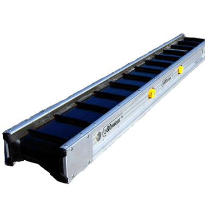 Inclined conveyor belt with black rubber cleats, silver metal frame, and yellow controls.
