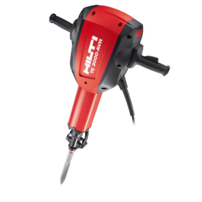 Red and black Hilti TE 3000-AVR demolition hammer with chisel bit.