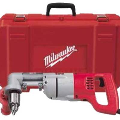 Red Milwaukee right-angle drill with a red carrying case.