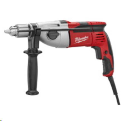 Red and black Milwaukee drill with adjustable handle.
