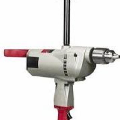 White and red power drill with a black handle.