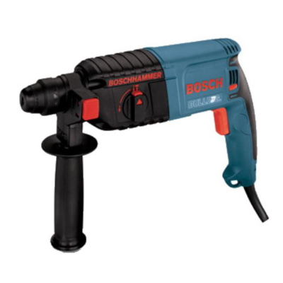 Blue and black Bosch rotary hammer drill with an auxiliary handle.