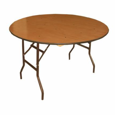 Round, folding wooden table with brown tabletop and metal legs, set outdoors.