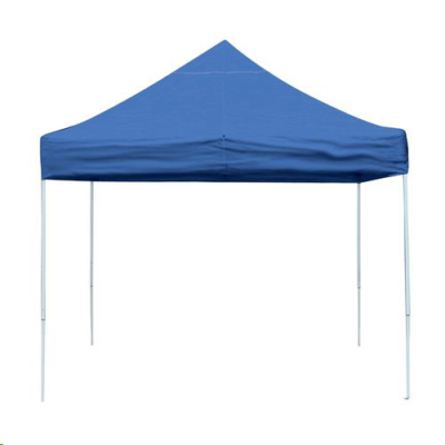 Blue pop-up canopy with white metal legs, set against a white background.