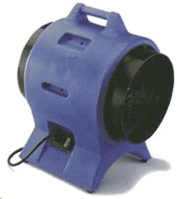 Blue industrial fan with black blade. Features a handle and attached power cord.