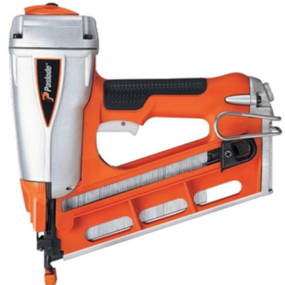Orange and silver Paslode nail gun, held vertically, ready for use.