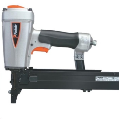 Pneumatic Paslode stapler with silver and black body, orange accents.