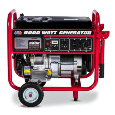 Red 6000-watt generator with black top, silver engine, and control panel, mounted on wheels.
