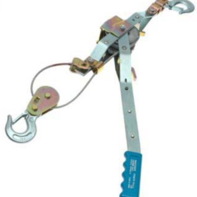 A hand-operated cable puller tool with a blue handle and two hooks.