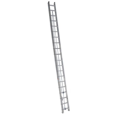 Silver extension ladder against a white background.