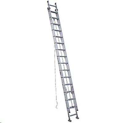 Tall silver extension ladder against a white background; rope and rungs visible.