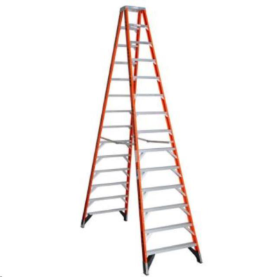 Orange and silver A-frame ladder, set up on a white background.