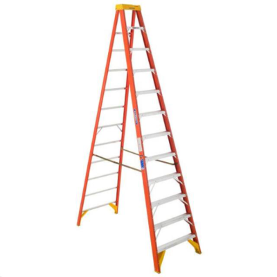 Orange and yellow A-frame ladder on a white background.