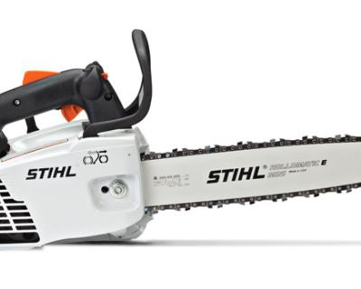 White STIHL chainsaw with orange accents; blade extended right, ready for use.