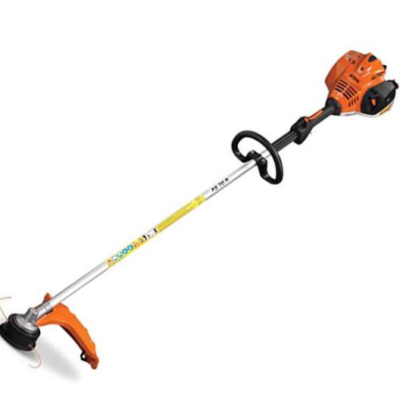 Orange and black gas-powered string trimmer, with a black loop handle, on a white background.