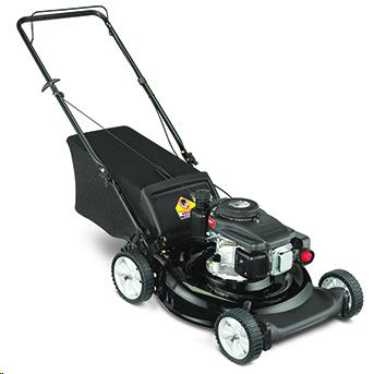Black lawnmower with a grass collection bag, white wheels, and a black handle.