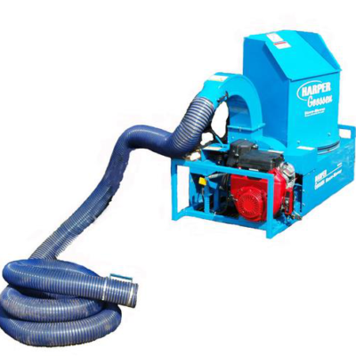 Blue and red leaf vacuum, with a long flexible hose on a blue frame.