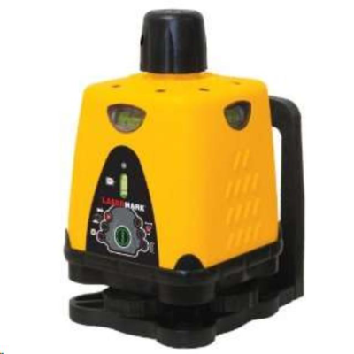 Yellow and black LaserMark laser level with a handle and multiple bubble levels.