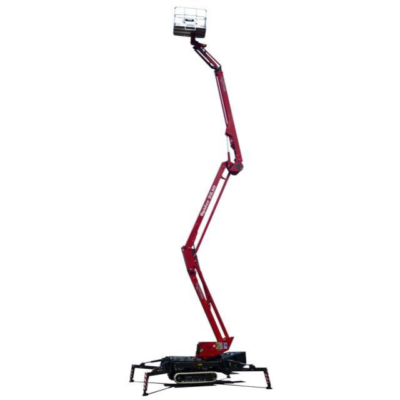 Red spider lift extended upward; white basket at the top, black treads at the base.