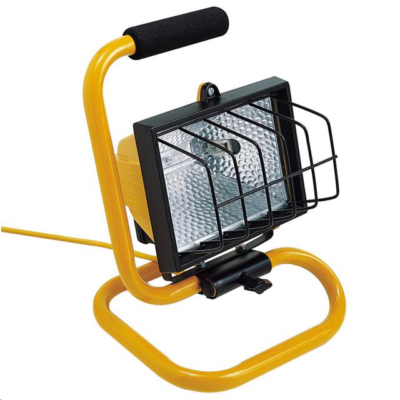 Yellow work light with black safety grill and handle, on a stand.