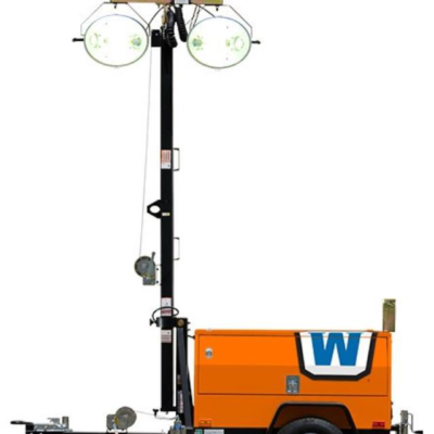 Mobile light tower with orange and blue cabinet, black mast, and two bright lights.