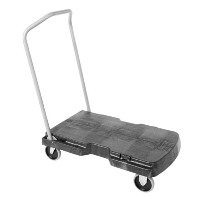 Black platform cart with a metal handle, four wheels.