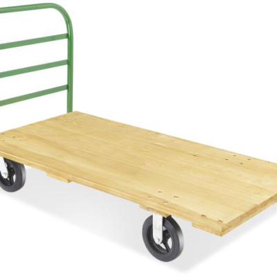 Green and wood flatbed cart with black wheels.